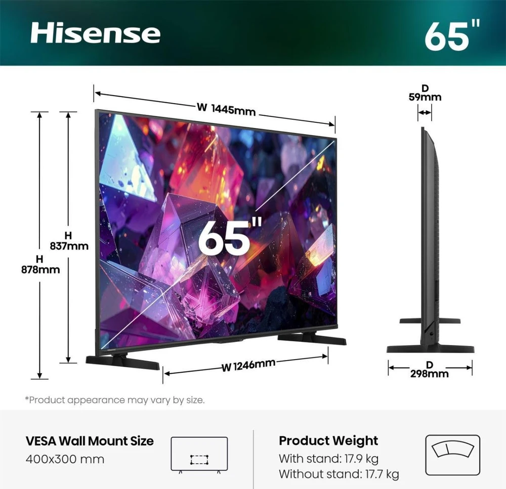 Televizorius TV Set Hisense 65E7S PRO Hi-QLED-TV - 164 cm (65 inches) UltraHD/4K 144Hz