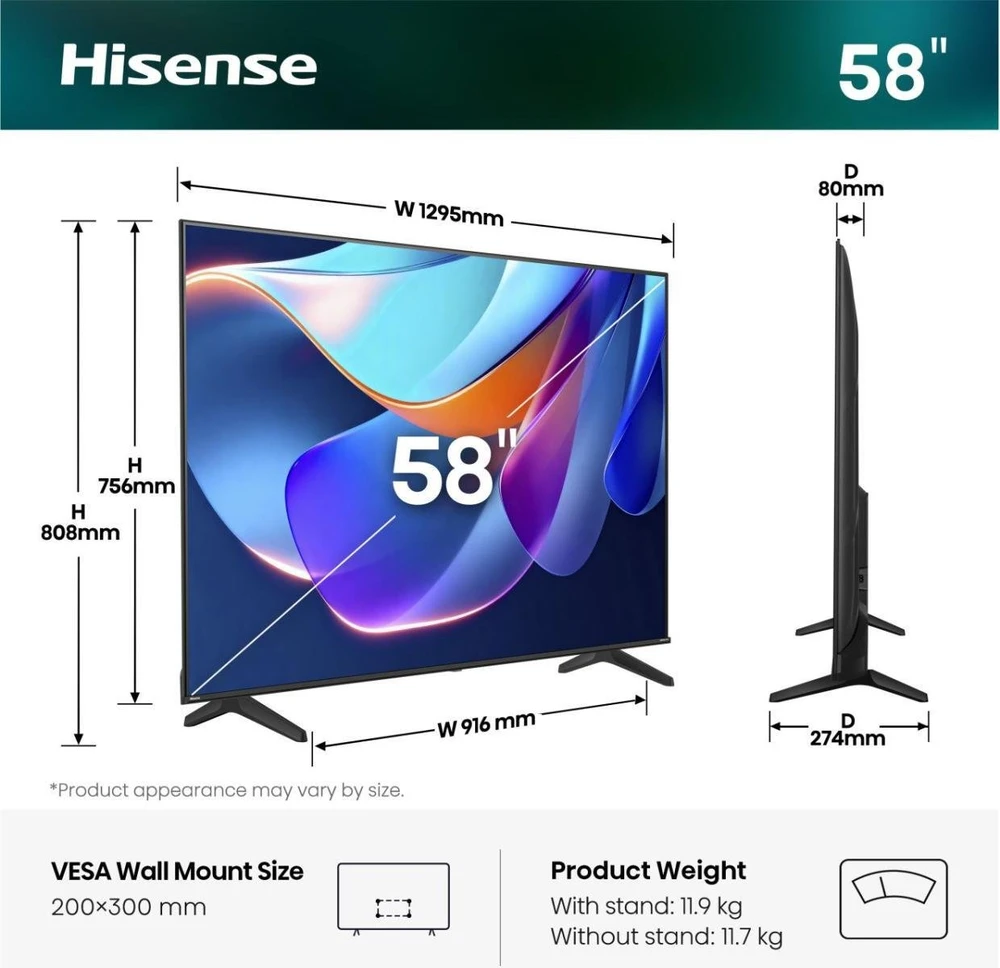 Televizorius Hisense 58A6S, LED televizorius - 146 cm (58 colių), UltraHD/4K, trigubas imtuvas