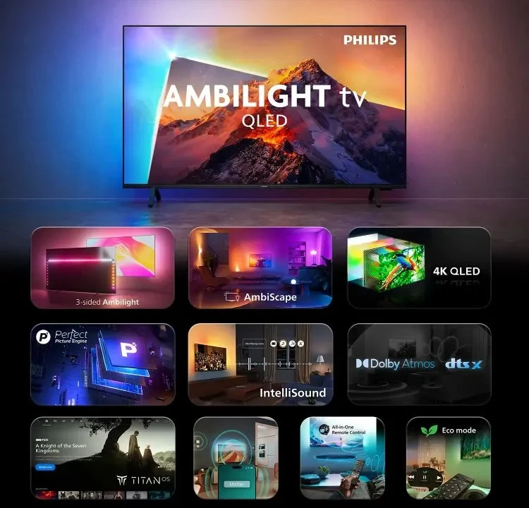 Philips 4K QLED Ambilight televizorius | 50PQS8611/12 | 50" | Išmanusis televizorius | TITAN OS | UHD | Juodas