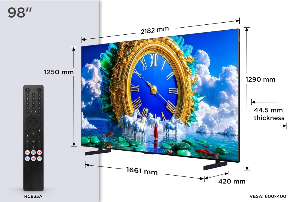 Televizorius TCL A400 Televizorius 2,49 m (98'') 4K Ultra HD Smart TV Wi-Fi Juodas 1000 cd/m (98A400)