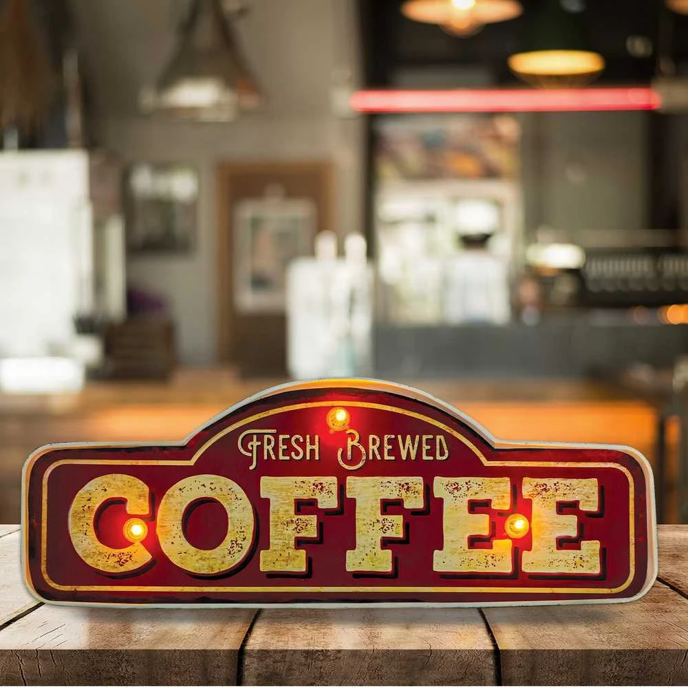 Sieninis šviestuvas TelForceone RETRO Metal Sign LED šviežiai užplikyta kava"Forever" šviesiai