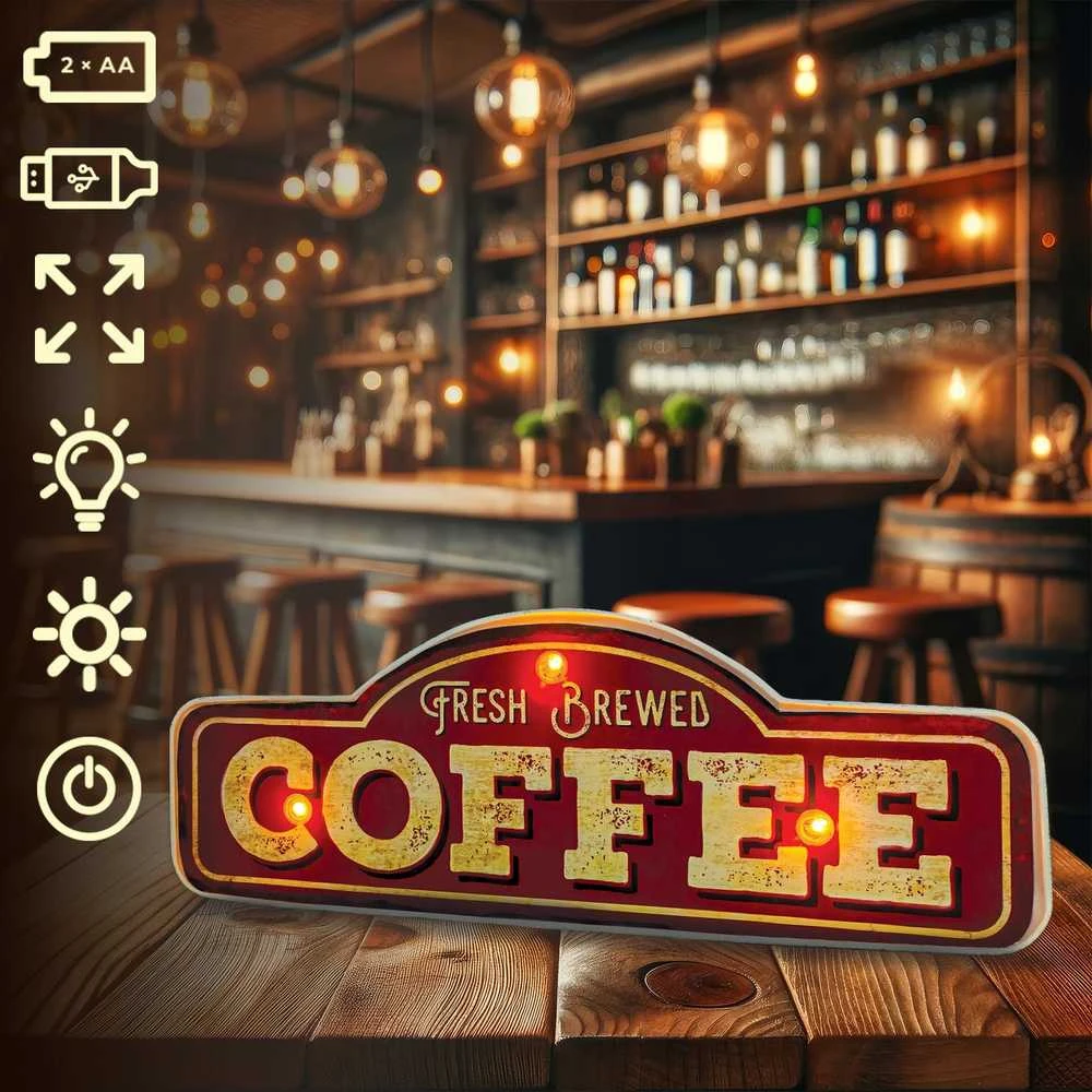 Sieninis šviestuvas TelForceone RETRO Metal Sign LED šviežiai užplikyta kava"Forever" šviesiai