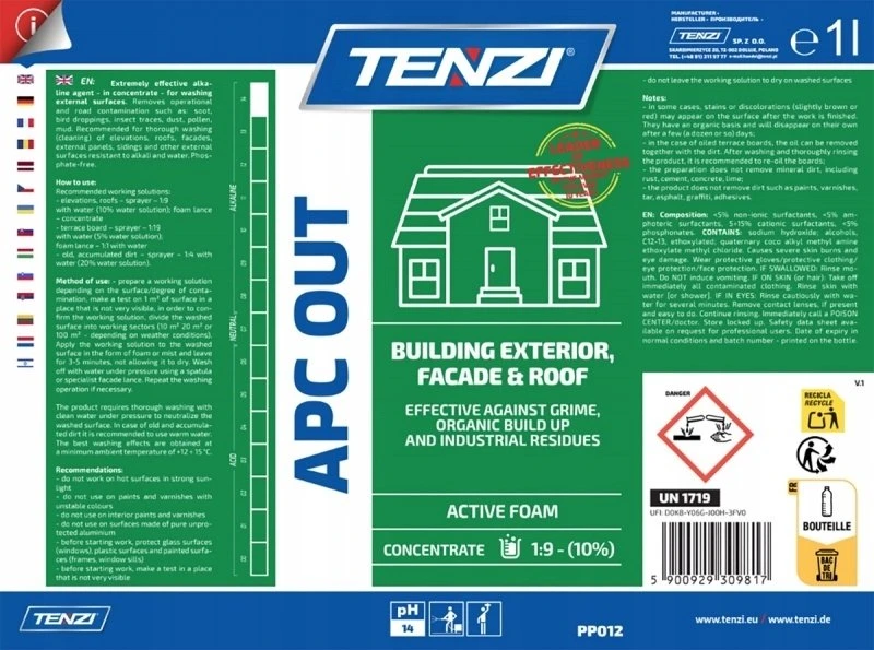 Tenzi Fasadų, fasadų ir terasų plovimo koncentratas TENZI, Apc Out, etiketė anglų kalba, 1 l