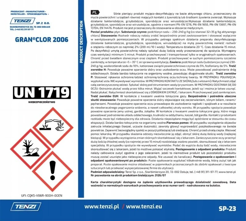 Tenzi Koncentratas plovimui ir dezinfekavimui su aktyviu chloru TENZI, Granclor 2006, 5l