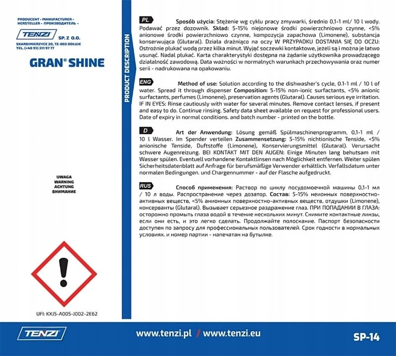 Tenzi Indų blizgėjimo koncentratas indaplovėms TENZI, Gran Shine, 10 l