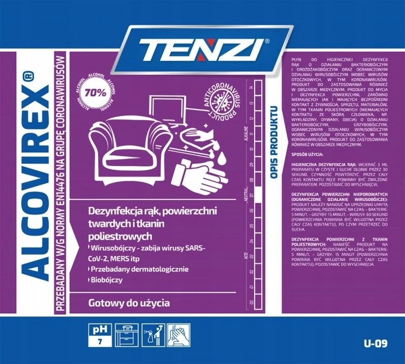 Tenzi Rankų, įrankių ir paviršių dezinfekavimo skystis TENZI, Alcovirex, 5 l