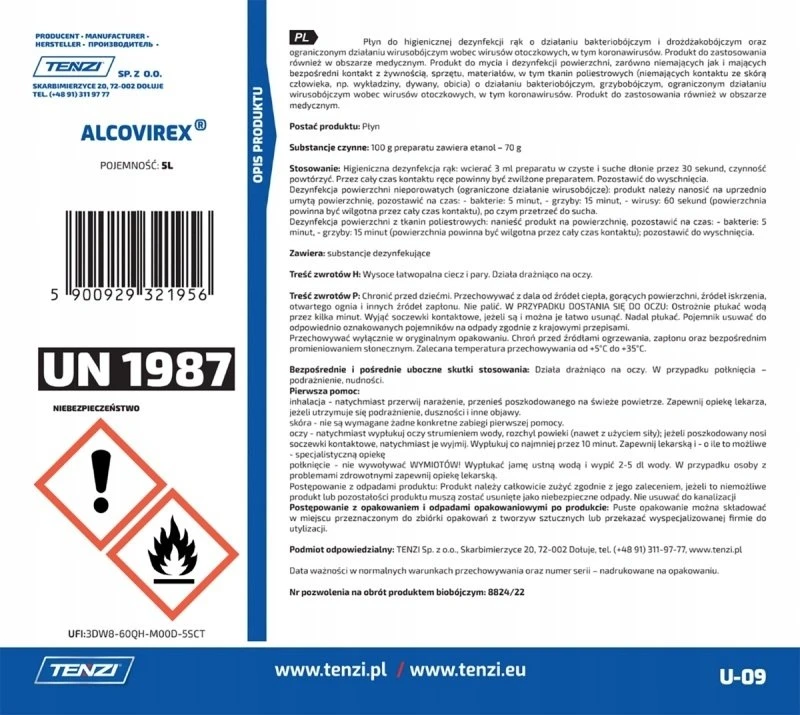 Tenzi Rankų, įrankių ir paviršių dezinfekavimo skystis TENZI, Alcovirex, 5 l