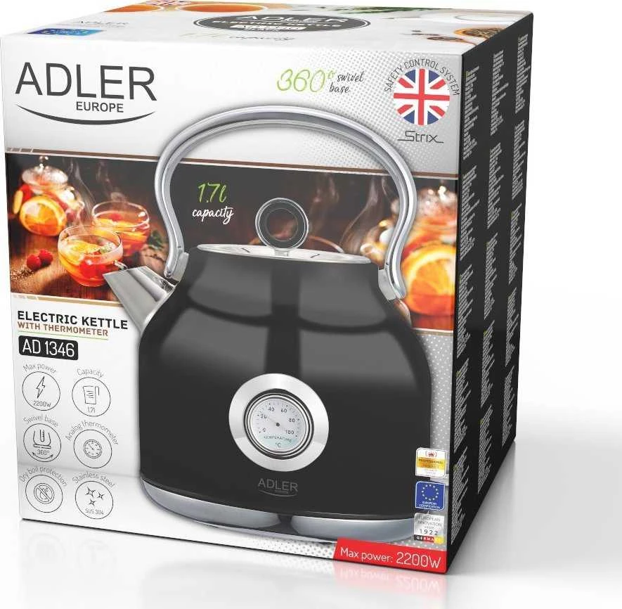 Adler | Virdulys with a Thermomete | AD 1346b | Electric | 2200 W | 1.7 L | Nerūdijantis plienas | 360° rotational base | Juodas
