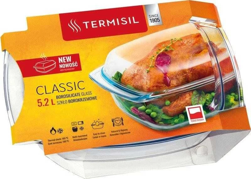Termisil Stačiakampis karščiui atsparus stiklinis indas su dangčiu, 5.2 l, borosilikatinis stiklas, kepimo forma troškintuvė orkaitei ir mikrobangų krosnelei