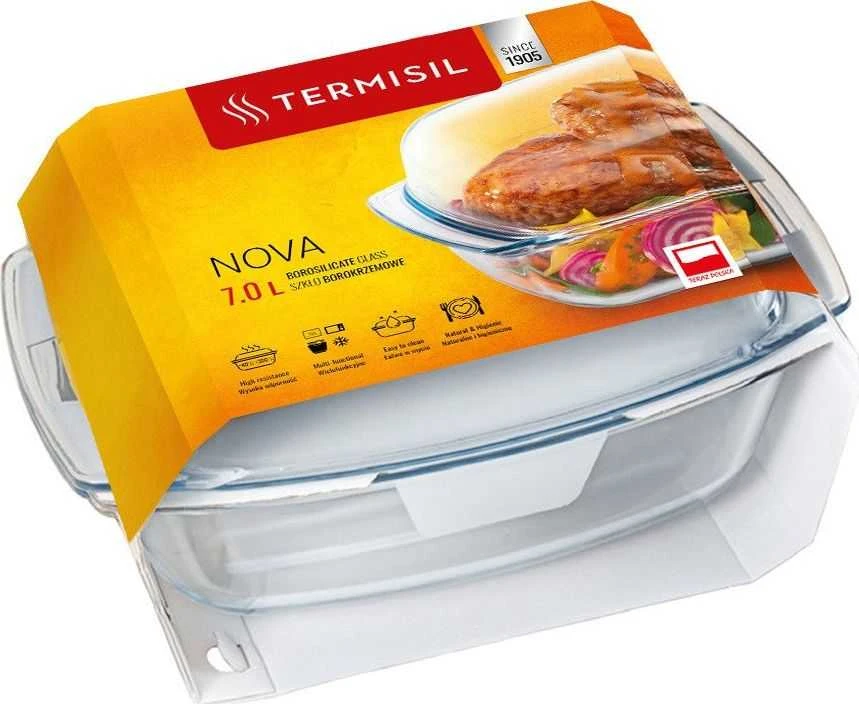 Termisil Stačiakampis borosilikatinio stiklo kepimo indas su dangčiu, 7 litrų talpa, atsparus karščiui iki 270°C, tinkamas orkaitei ir šaldikliui, troškintuvas