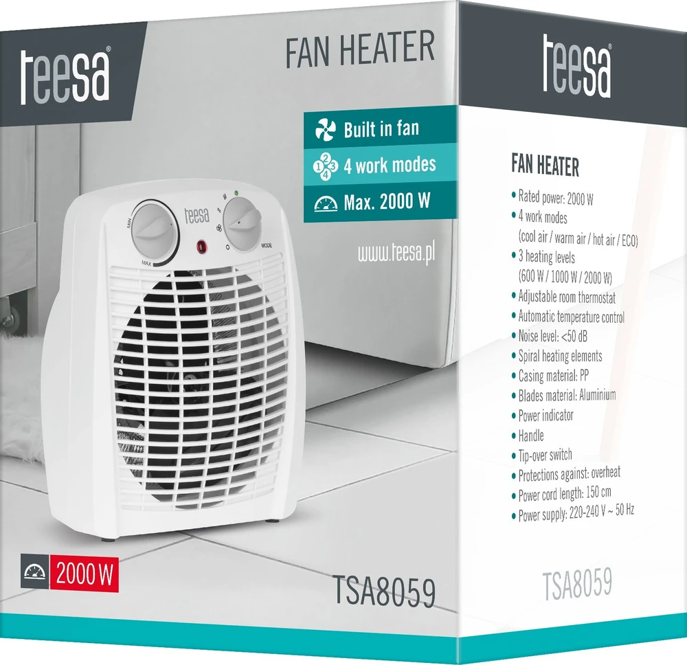 Teesa TSA8059 elektrinis patalpų šildytuvas Baltas 2000 W ventiliatorius elektrinis patalpų šildytuvas