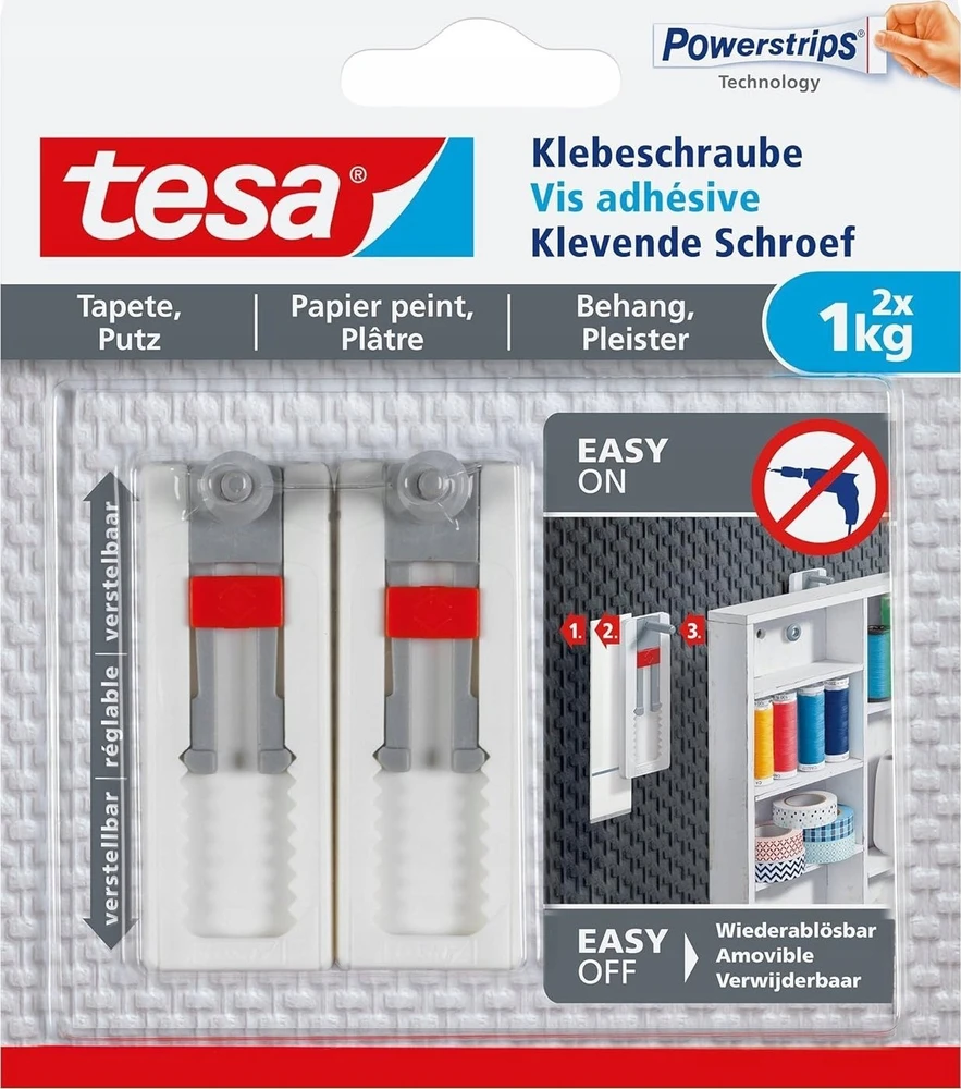 Tesa lipnūs varžtai, 2 vnt., tapetams ir tinkui, iki 1kg vienam varžtui, reguliuojami, baltas