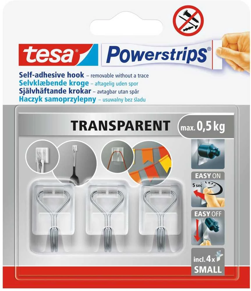 Drabužių kabliukas Tesa Powerstrips, 3 vnt., skaidri