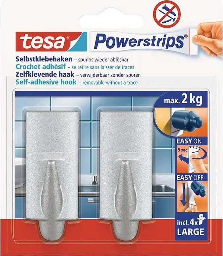 Tesa lipnūs kabliukai, 2 vnt. stačiakampis, didelis, matinis chromas