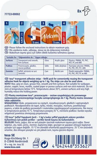 Tesa Plastry Tvirtinimo pleistrai, 8 vnt., iki 1kg, skaidrūs (77733-00007-00)
