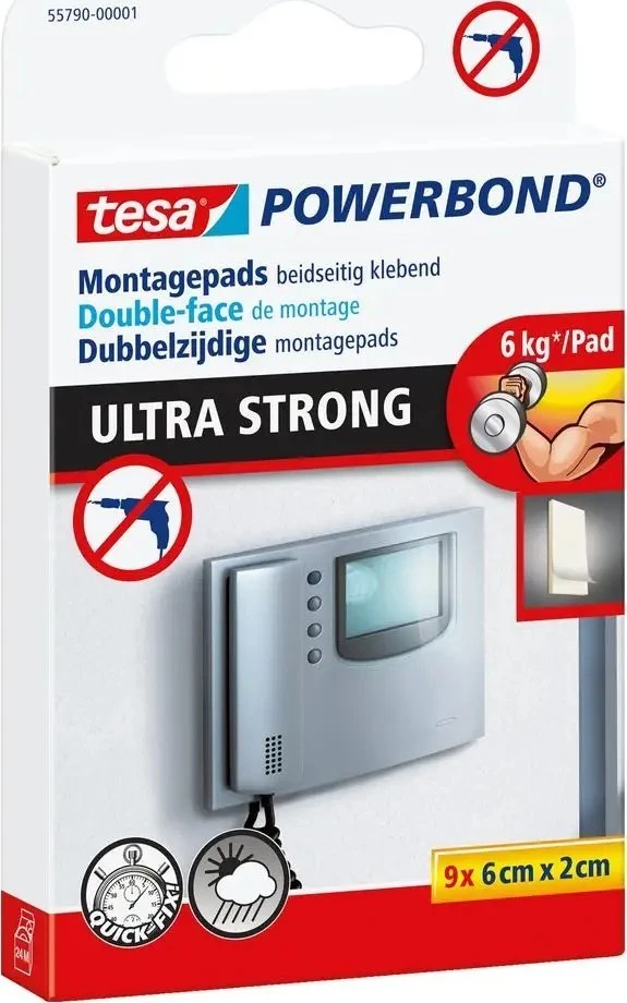 Ypač stiprios dvipusio lipnumo pagalvėlės TESA Powerbond Ultra Strong, 20mm x 0,6m, 9 vnt.
