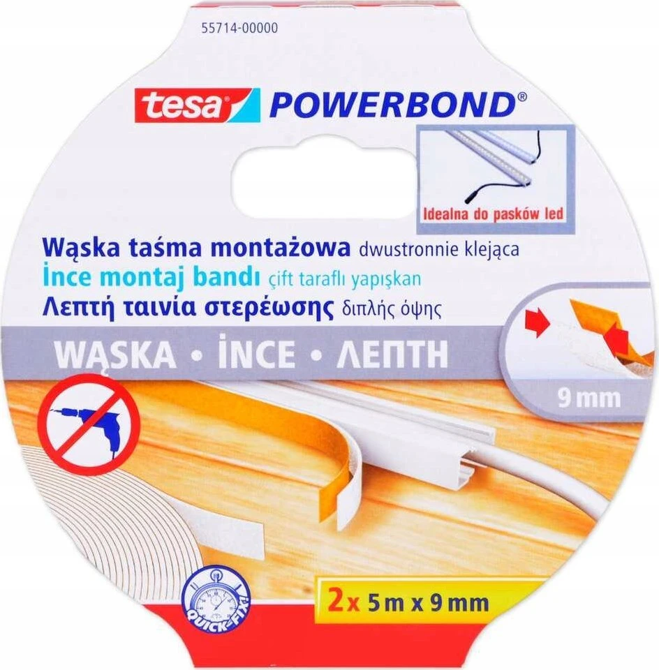Tesa Powerbond tvirtinimo juosta 2 x 5 m x 9 mm siaura