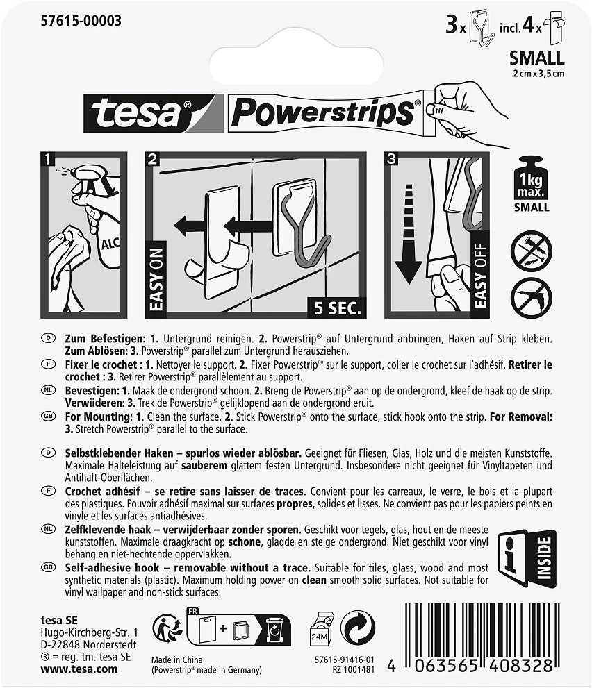 tesa „Powerstrips“ vielos kabliukai 1kg, 3 vnt. lipnūs, balti