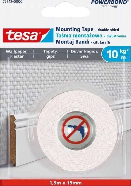 „Tesa“ surinkimo linija, 1,5 m x 19 mm, tapetams ir tinkui, iki 10 kg/m², balta