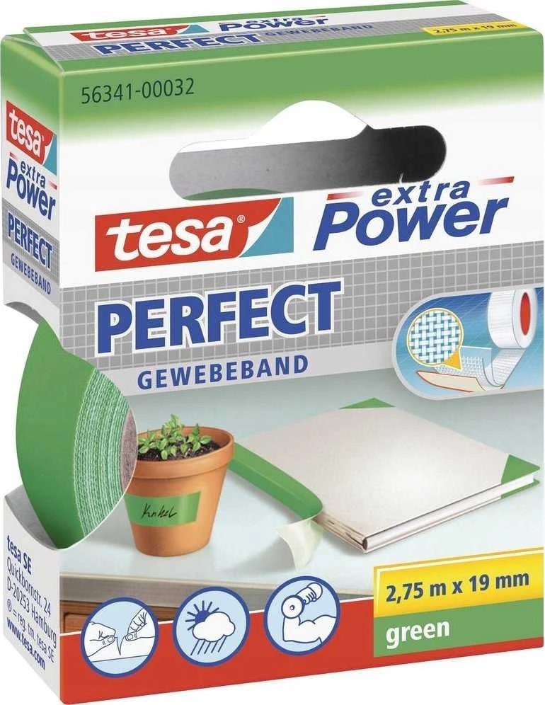 Tesa extra Power Perfect medžiaginė juosta 2,75m 19mm žalia