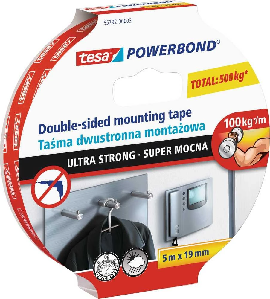 Tesa Powerbond Montageband itin tvirta juosta, 5 m, 19 mm