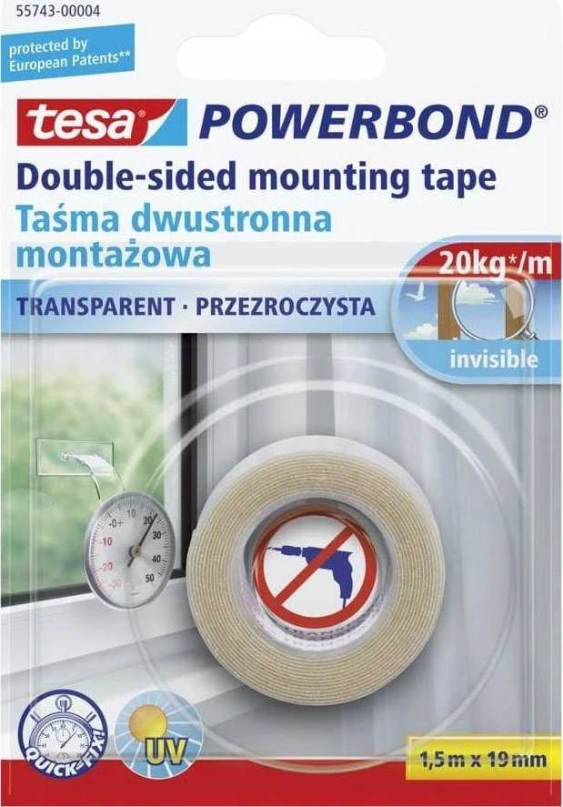 Tesa Powerbond tvirtinimo juosta skaidri 1,5 m 19 mm
