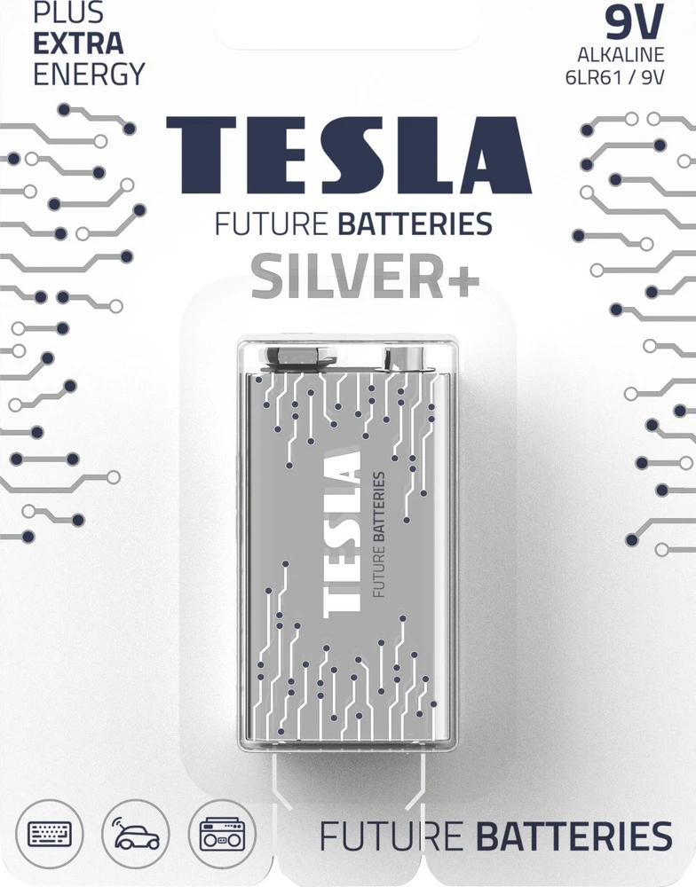 Baterija Tesla 9V Sidabrinis+ Alkaline 6LR61 580 mAh (1 vnt) (13090120)