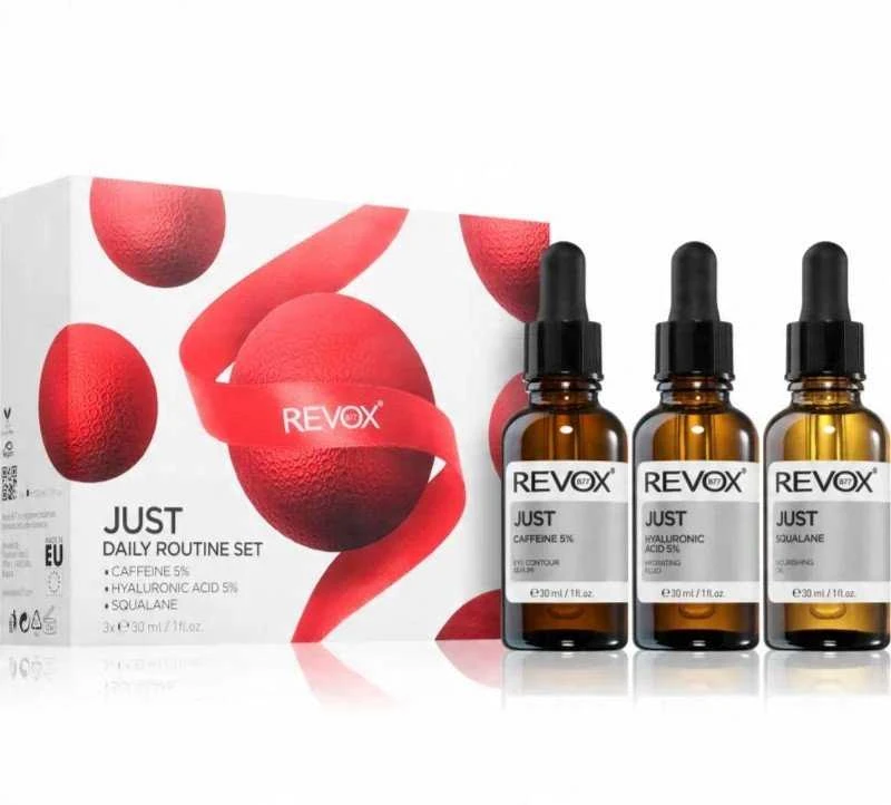 Dienos rutinos rinkinys „Revox B77“: dieninis paakių serumas su kofeinu 5 % nuo tamsių ratilų, 30 ml + drėkinamasis hialurono rūgšties 5 % skystis veidui, 30 ml + drėkinamasis skvalano aliejus veidui, 30 ml