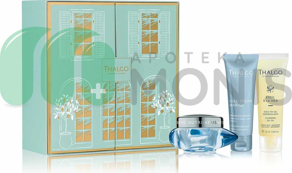 Gift Box Set Thalgo: Eveil à la Mer Valiklis Cleansing Gel For Face, 50 ml + Cold Kreminis Marine Soothing Kreminis For Face, 50 ml + Cold Kreminis Marine Sos Soothing Kreminis Mask For Face, 50 ml