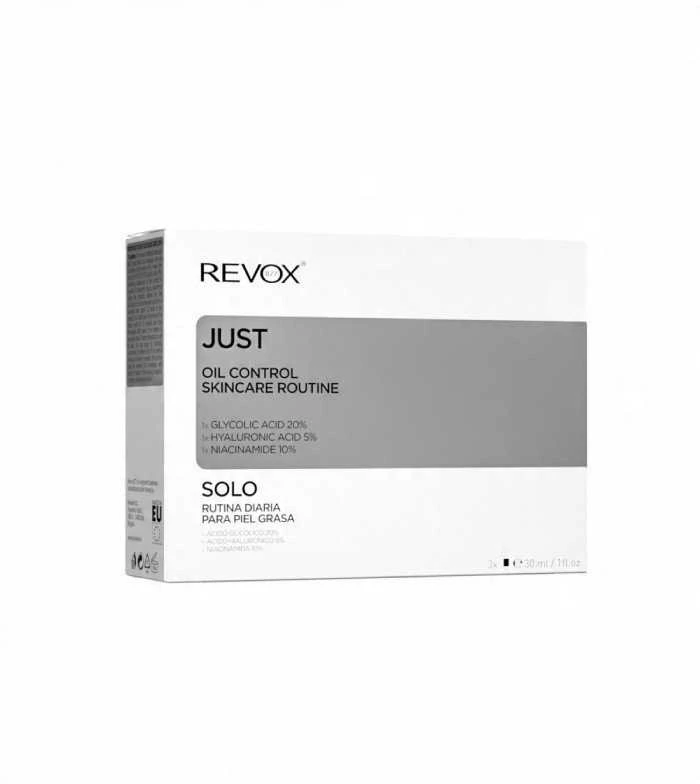 „Revox B77“ odos priežiūros rinkinys, kontroliuojantis riebalų išsiskyrimą: drėkinamasis veido serumas su 10 % niacinamido, 30 ml + drėkinamasis skystis su 5 % hialurono rūgšties, 30 ml + tonizuojantis serumas veidui su 20 % glikolio rūgšties, 30 ml
