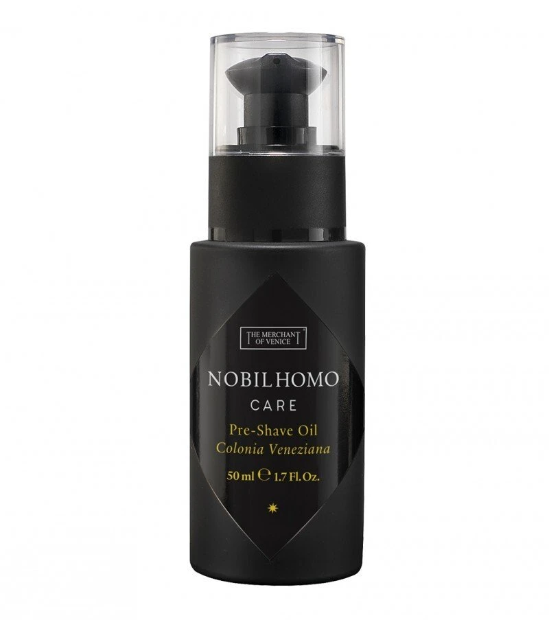 „The Merchant Of Venice Nobil Homo Care“ alyvuogių aliejaus drėkinamasis ir minkštinamasis aliejus prieš skutimąsi, 50 ml