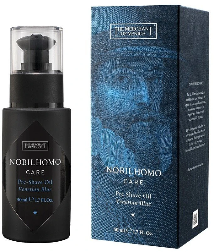 „The Merchant Of Venice Venetian Mėlyna“ alyvuogių aliejaus drėkinamasis ir minkštinamasis aliejus prieš skutimąsi, 50 ml