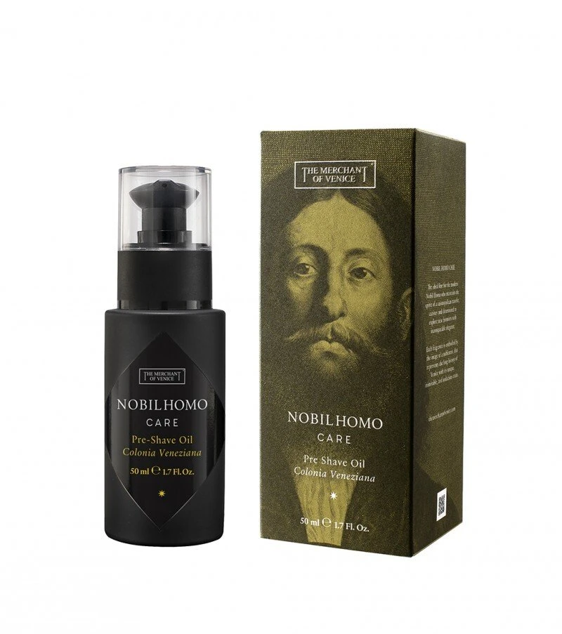„The Merchant Of Venice Nobil Homo Care“ alyvuogių aliejaus drėkinamasis ir minkštinamasis aliejus prieš skutimąsi, 50 ml