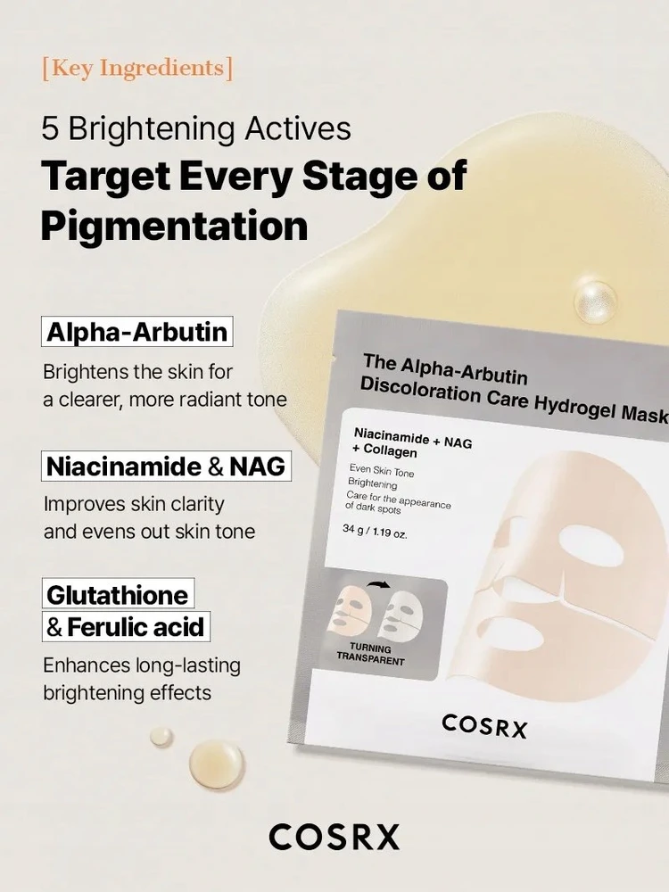 Cosrx The Alpha-Arbutin Discoloration Care Hydrogel Mask lakštinė veido kaukė, 3 x 34 g