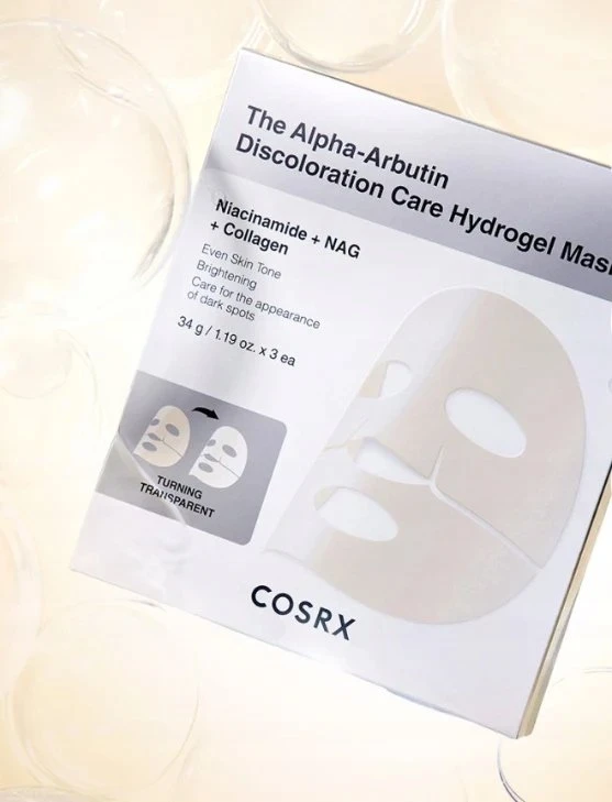 Cosrx The Alpha-Arbutin Discoloration Care Hydrogel Mask lakštinė veido kaukė, 3 x 34 g