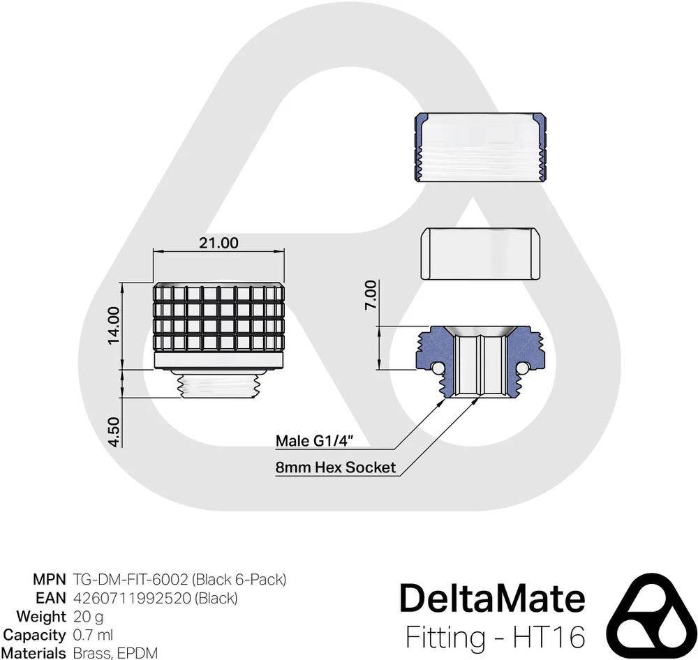 „Thermal Grizzly DeltaMate“ jungtis, žalvarinė, G1/4 colio sriegis, juodas, HT16, 6 vnt. pakuotėje