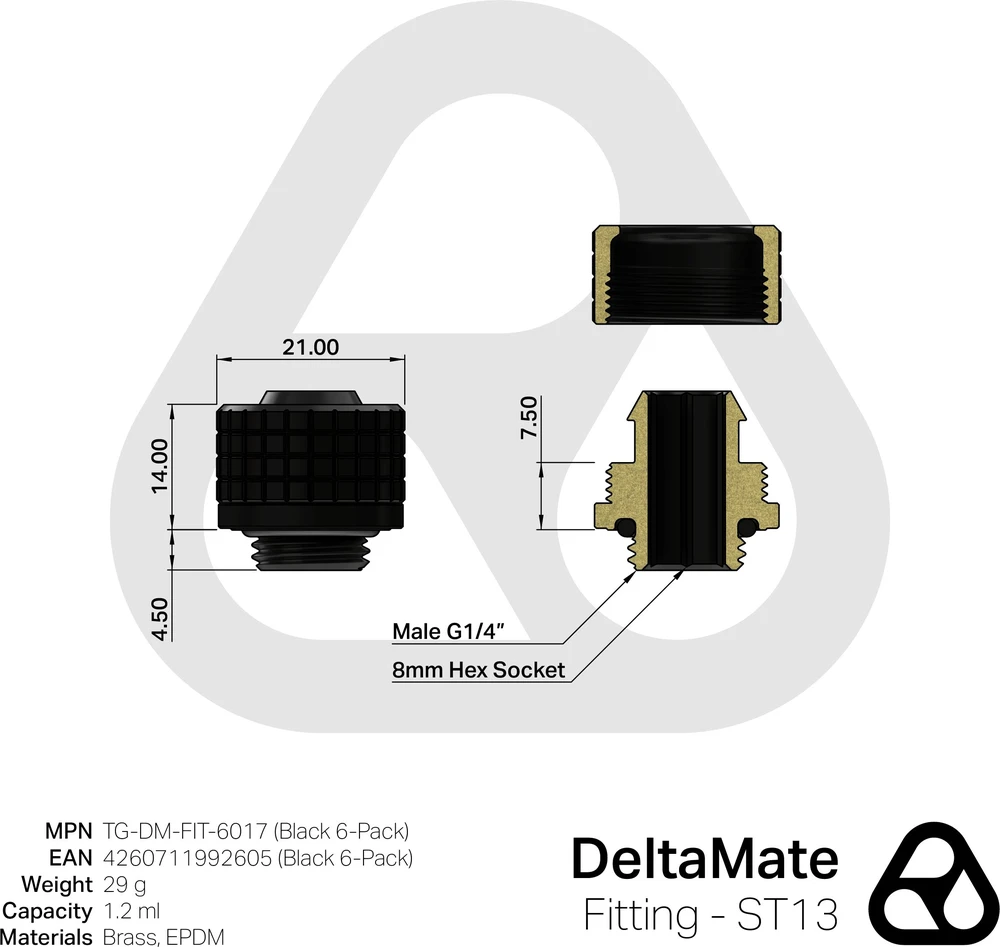 „Thermal Grizzly DeltaMate“ suspaudimo jungtis, žalvaris, G1/4 colio sriegis – Juodas, ST13, 6 vnt. pakuotėje