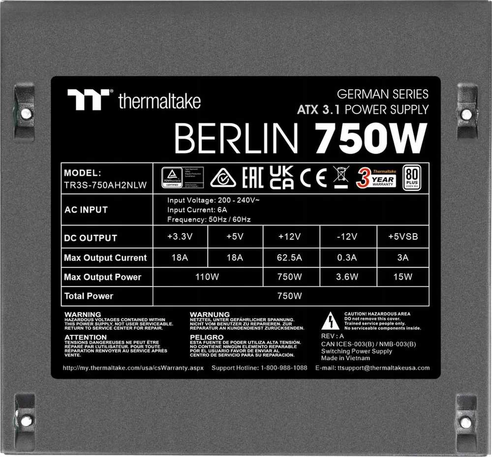 Thermaltake Berlin 80 PLUS maitinimo šaltinis, AZX 3.1 - 750 W, juodas