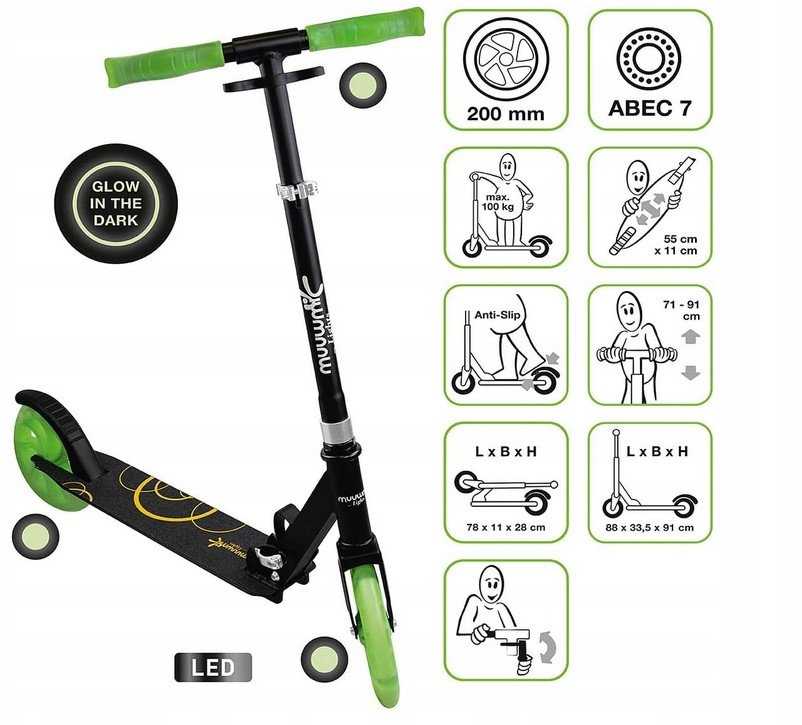 THI Sale! MUUWMI Aliuminio Scooter Glow scooter 200 mm žalias AU 621