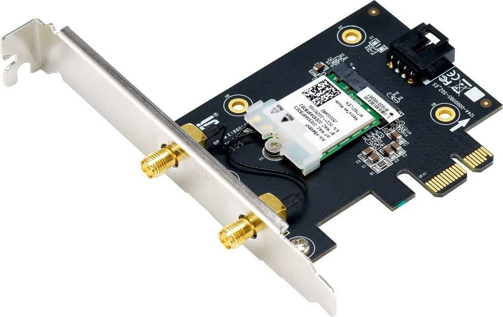 Asus PCE-AXE5400 "WiFi 6E PCI-E" adapteris su 2 išorinėmis antenomis. Palaiko 6 GHz dažnių juostą, 160 MHz, Bluetooth 5.2, WPA3 tinklo apsaugą, OFDMA ir MU-MIMO