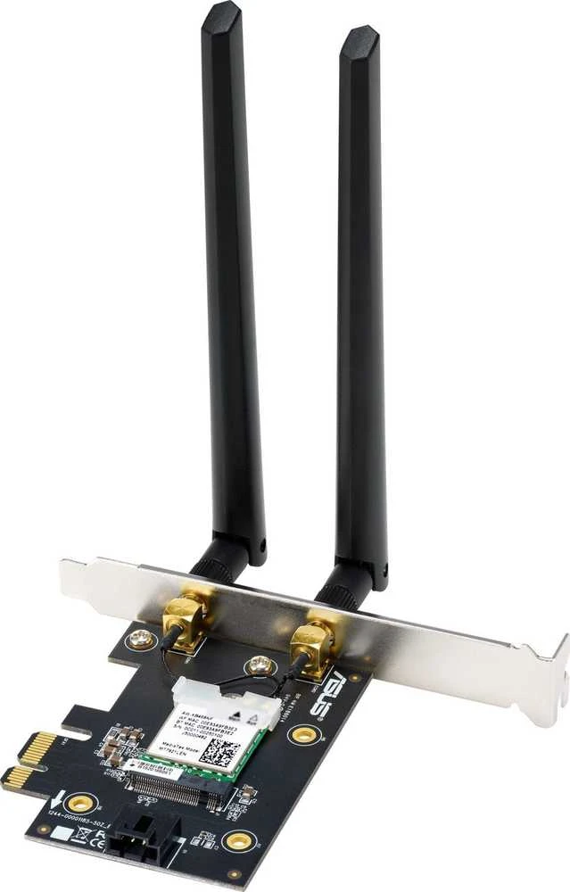 Asus PCE-AXE5400 "WiFi 6E PCI-E" adapteris su 2 išorinėmis antenomis. Palaiko 6 GHz dažnių juostą, 160 MHz, Bluetooth 5.2, WPA3 tinklo apsaugą, OFDMA ir MU-MIMO