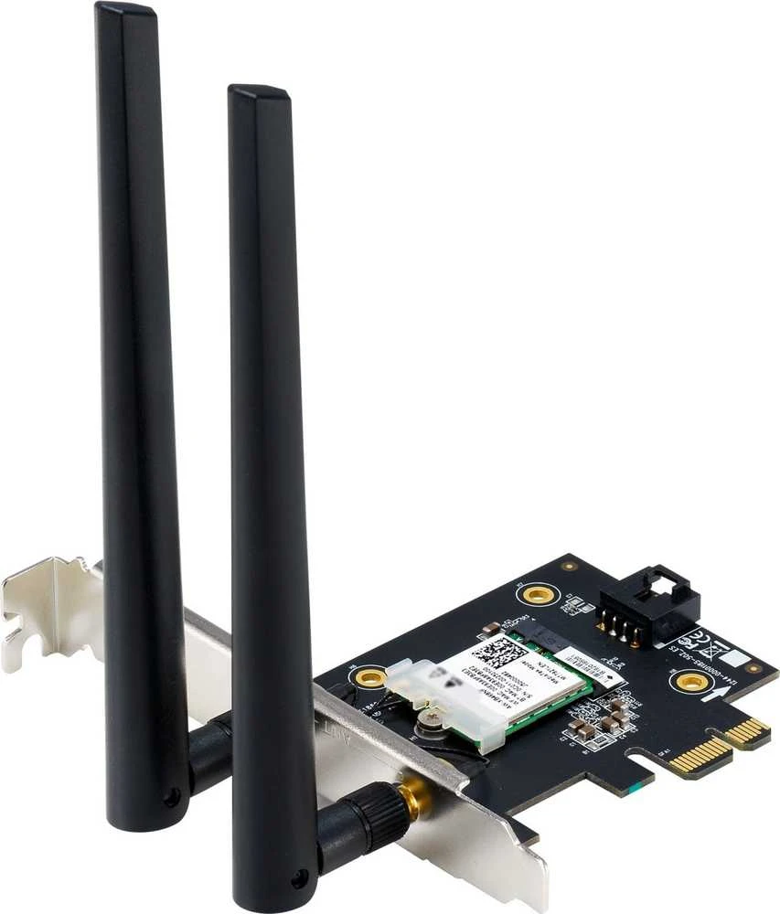 Asus PCE-AXE5400 "WiFi 6E PCI-E" adapteris su 2 išorinėmis antenomis. Palaiko 6 GHz dažnių juostą, 160 MHz, Bluetooth 5.2, WPA3 tinklo apsaugą, OFDMA ir MU-MIMO