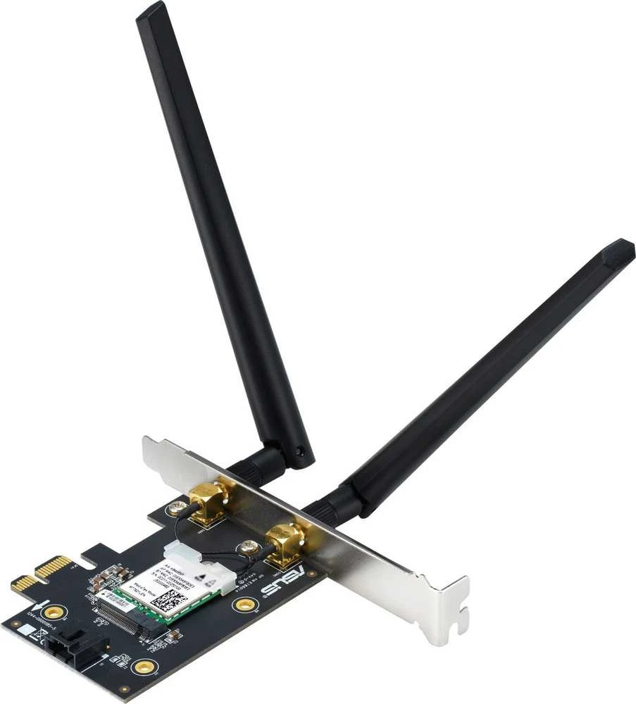 Asus PCE-AXE5400 "WiFi 6E PCI-E" adapteris su 2 išorinėmis antenomis. Palaiko 6 GHz dažnių juostą, 160 MHz, Bluetooth 5.2, WPA3 tinklo apsaugą, OFDMA ir MU-MIMO