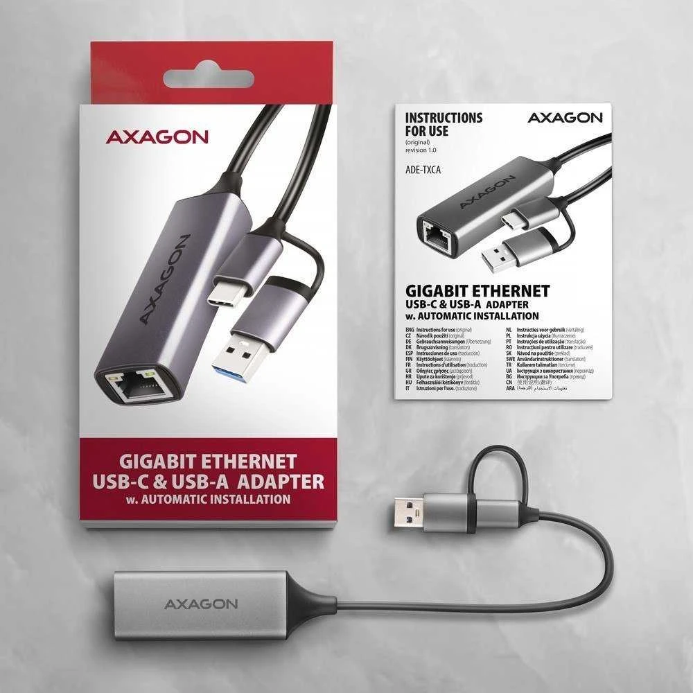 Axagon ADE-TXCA Karta jungiama į tinklą Gigabit Ethernet adapter, USB-C (USB-A redukcja) 3.2 Gen 1, instalacja automatinė