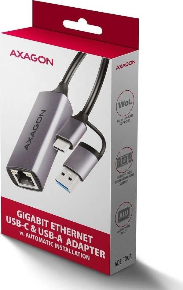 Axagon ADE-TXCA Karta jungiama į tinklą Gigabit Ethernet adapter, USB-C (USB-A redukcja) 3.2 Gen 1, instalacja automatinė