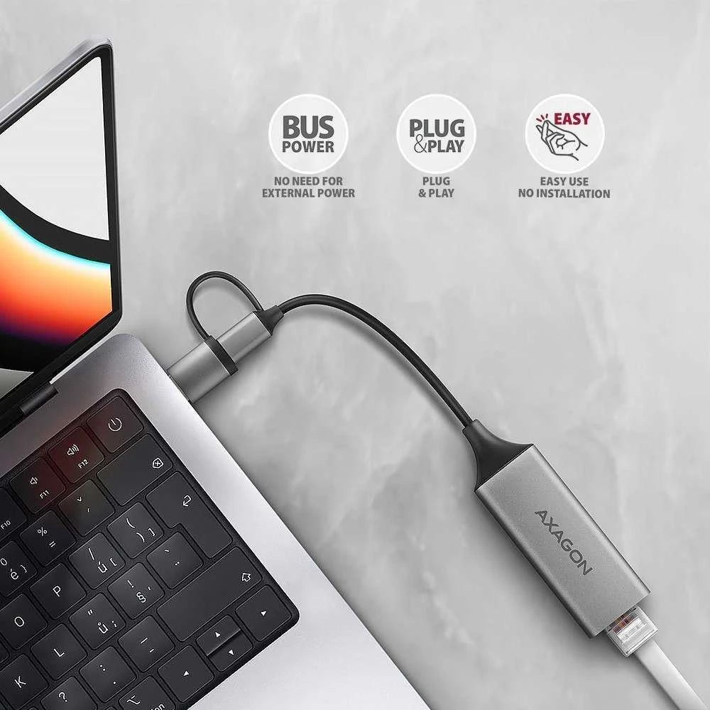Axagon ADE-TXCA Karta jungiama į tinklą Gigabit Ethernet adapter, USB-C (USB-A redukcja) 3.2 Gen 1, instalacja automatinė