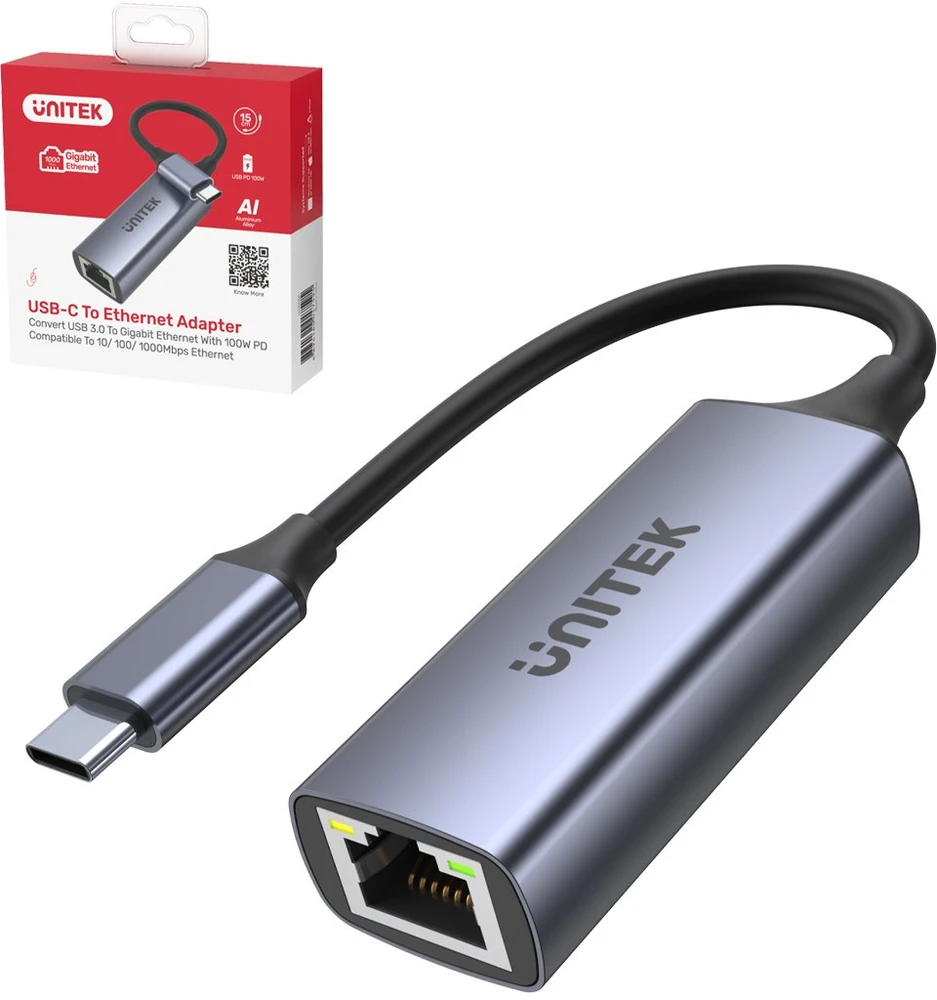 Ryšio Adapteris - Unitek USB-C Į RJ45, 1 Gbps, PD 100 W