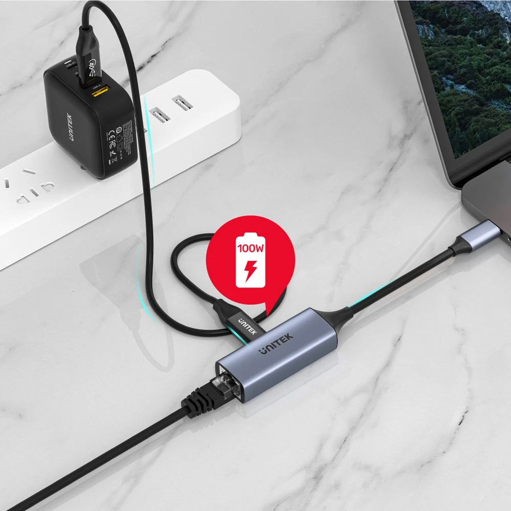 Ryšio Adapteris - Unitek USB-C Į RJ45, 1 Gbps, PD 100 W