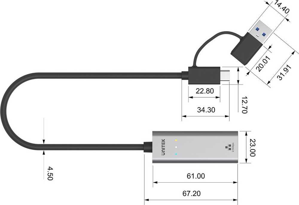 Tinklo Adapteris - UNITEK U1313C USB-A/USB-C Į RJ-45 2.5 Gbit Pilkas