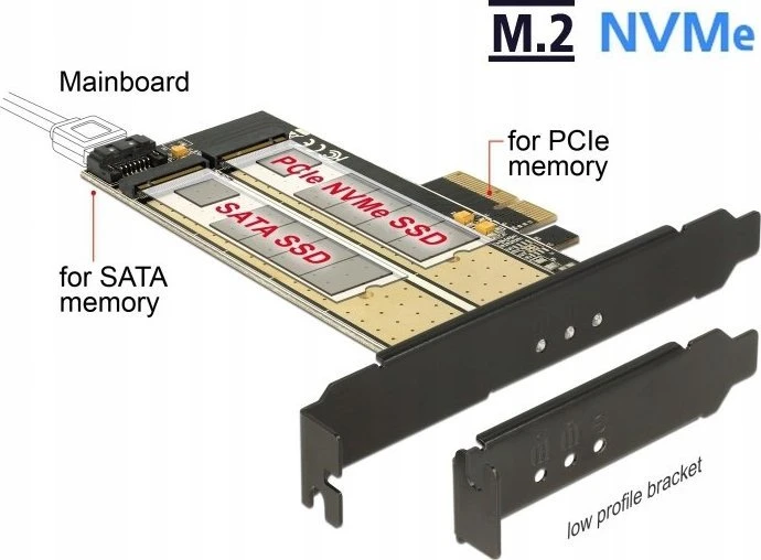Delock PCIe x4 > 1 x M.2 Key B 1 x M.2 Key M žemo profilio formos faktorius